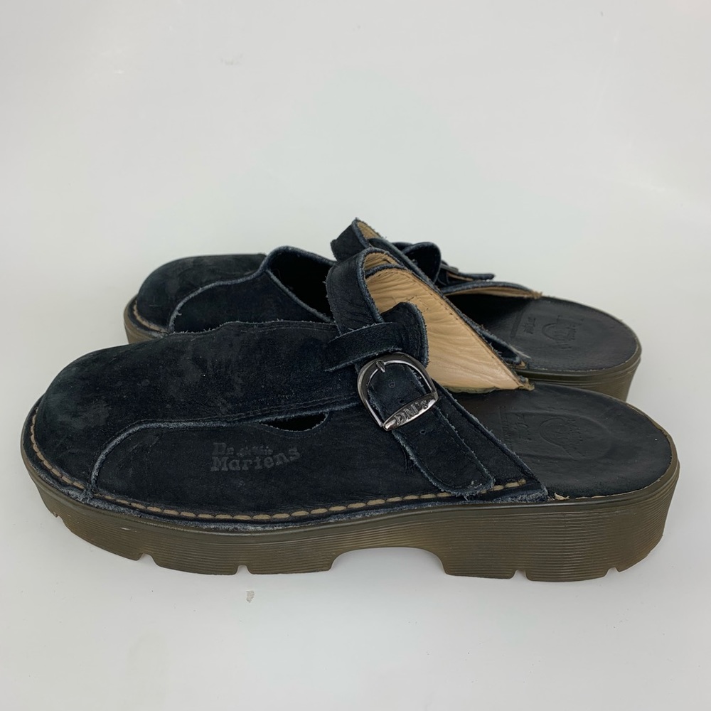 Dr. Martens Black Suede Slip On Buckle Clog Shoes - Picture 3 of 6